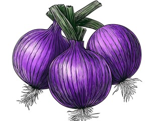 Red Onions with Fresh Harvest, and Food Illustration.