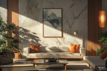 Poster frames on the wall of living room Interior mockup Apartment background Modern Japandi interior design