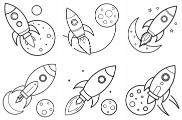 Rocket Flies to the Moon Outline Coloring Book Page Line Art Drawing Set on White Background