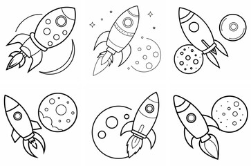 Rocket Flies to the Moon Outline Coloring Book Page Line Art Drawing Set on White Background