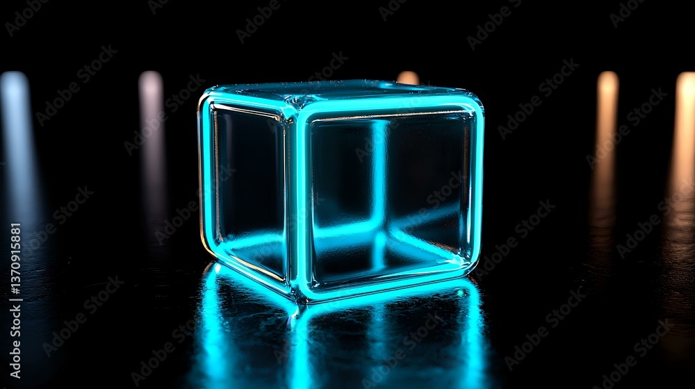 Poster glowing neon blue cube shape on dark background with reflection, modern minimalist design element fo