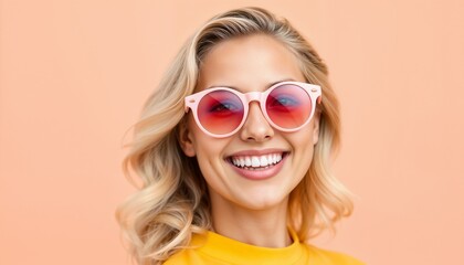 Naklejka premium A cheerful woman wearing colorful sunglasses and bright clothing smiles warmly, exuding positivity. The background is a vivid orange, enhancing the lively and joyful atmosphere of the image.