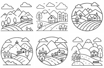 Rural Landscape Outline Coloring Book Page Line Art Drawing Set on White Background