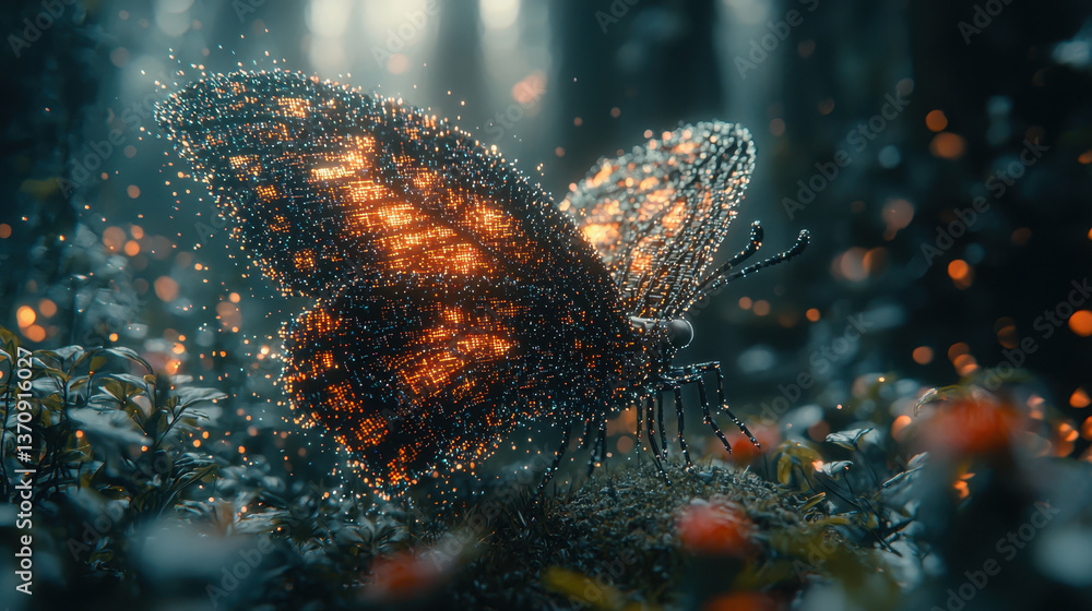 Poster digital butterfly transforming into a cloud of colors in a mystical forest at twilight