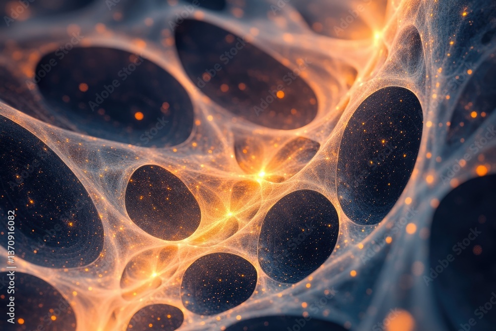 Poster a cosmic web of glowing filaments surrounds dark voids, creating a visually stunning and abstract un
