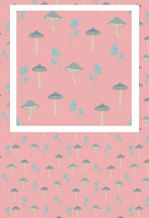 Forest folk botanical nature seamless pattern. Eco illustration style for wallpaper. Blue mushrooms toadstools and berries on a branch on a pink pastel background