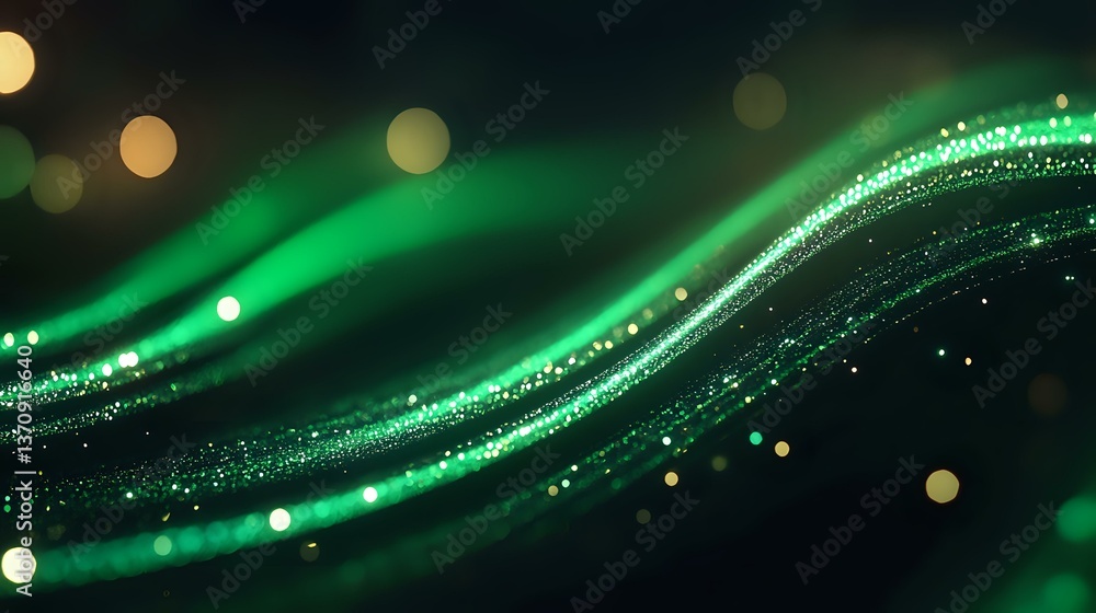 Poster glowing green waves with sparkling particles and golden bokeh lights on dark background create magic