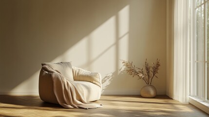 A corner in an empty modern house with a slim, neutral-colored armchair and a soft throw blanket draped across