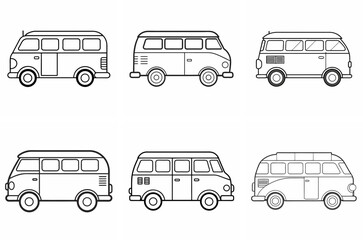 Summer Van Outline Coloring Book Page Line Art Drawing Set on White Background