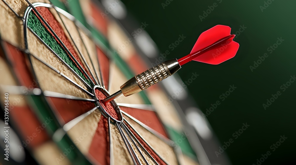 Poster red dart hitting bullseye on dartboard, close-up macro shot showing precision and accuracy. strategi