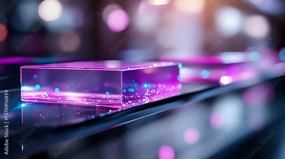 Poster glowing transparent acrylic block with pink and blue light effects against dark background, creating