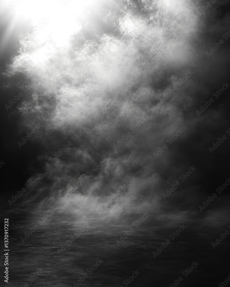 Poster ethereal mist rising from dark surface in monochrome landscape creating mysterious atmosphere with s