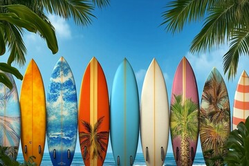 Surfboards in row, with original design, with colorful print, on the background of clear sky, and palm leafs.