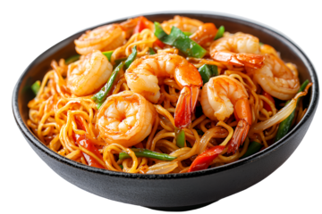 A vibrant bowl of shrimp stir-fried noodles with colorful vegetables.