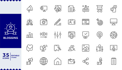 Pixel Perfect ,Blogging banner with icons. Post, social media,  Content Creation, SEO, and Digital Marketing Business concept. Web vector infographic in outline icon style.