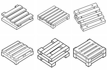 Wood Pallet Outline Coloring Book Page Line Art Drawing Set on White Background