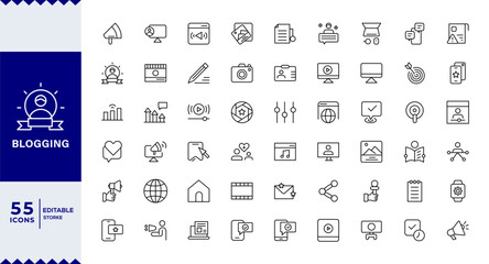 Pixel Perfect ,Blogging banner with icons. Post, social media,  Content Creation, SEO, and Digital Marketing Business concept. Web vector infographic in outline icon style.