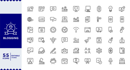 Pixel Perfect ,Blogging banner with icons. Post, social media,  Content Creation, SEO, and Digital Marketing Business concept. Web vector infographic in outline icon style.