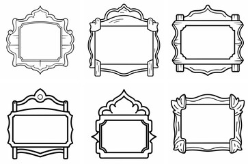Wood Sign Frame Outline Coloring Book Page Line Art Drawing Set on White Background