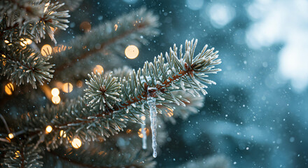 Frosty Pine Branch with Icicle Winter Wonderland Christmas Lights Snowfall