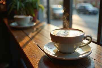 A steaming cup of latte sits on a wooden table in a cozy café, with sunlight streaming through the windows and a blurred background of patrons and cars
