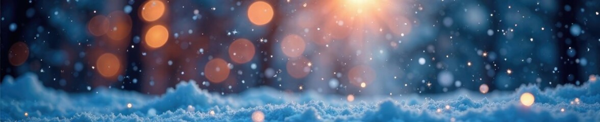 Snowflakes dance in the air under twinkling lights, winter, playful