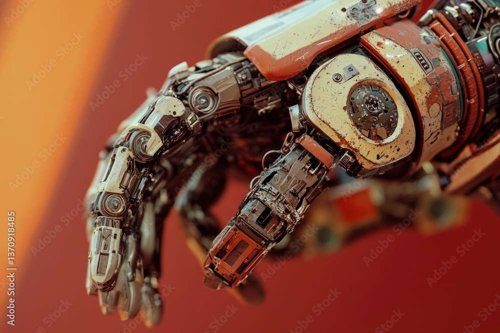 Poster intricate robot hand detail with visible gears and metal components, showcasing advanced robotic eng