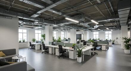 Modern Industrial Office Workspace with Exposed Ductwork Desks and Plants