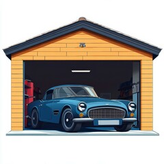 Fototapeta premium Classic blue sports car parked in vintage garage with wooden siding during daylight