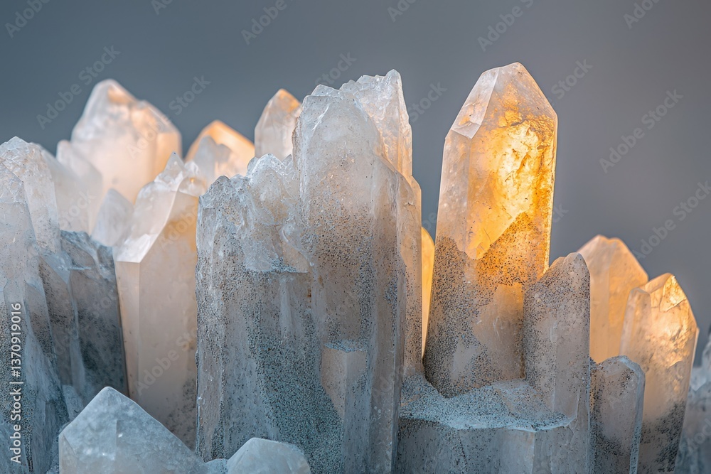 Poster close-up of a cluster of naturally formed quartz crystals, some catching the light, creating an ethe