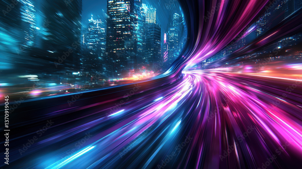 Poster Futuristic city with angular architecture and neon lights creating an avant-garde landscape at a high-angle view