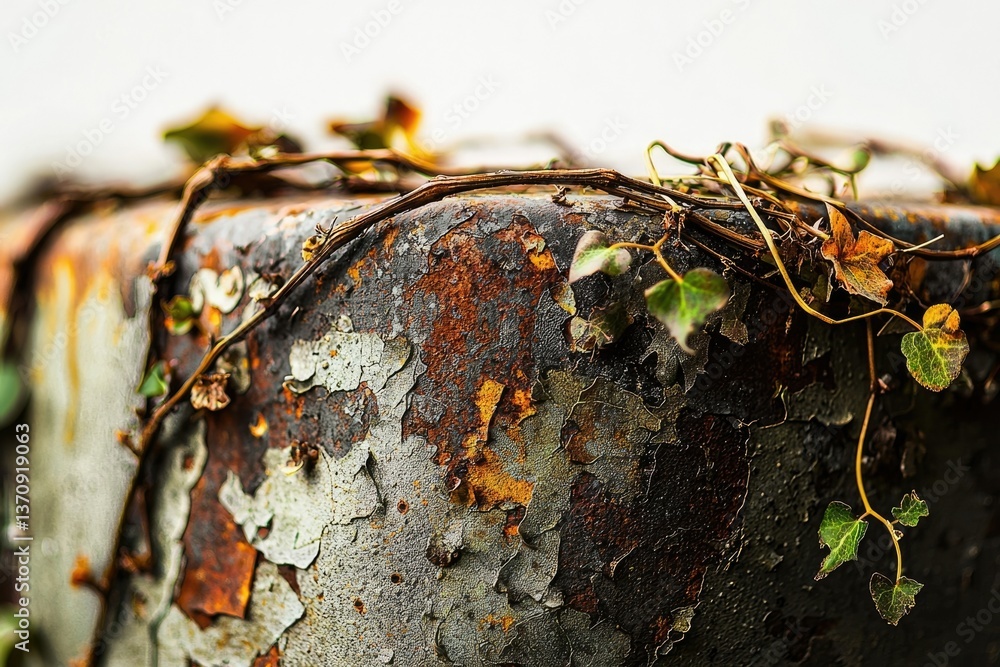 Poster a close-up shot showcases a rustic metallic object covered in flaking paint and delicate ivy vines, 
