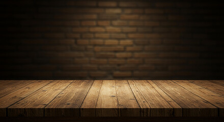 Rustic Wooden Tabletop Against Blurred Brick Wall Background Perfect for Product Displays Mockups