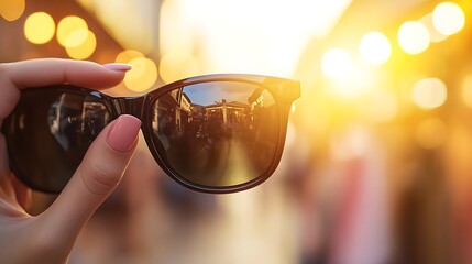Close-Up of Woman�s Hand Adjusting Stylish Sunglasses with Manicured Nails in Fashion Boutique