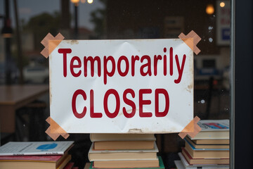 A sign reading temporarily closed hangs on a storefront window with stacks of books visible below, indicating a pause in business activity or services being offered