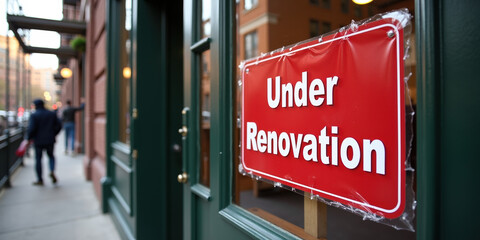A bright red sign reading "under renovation" hangs on a green door of a building, suggesting ongoing construction nearby in a bustling urban environment
