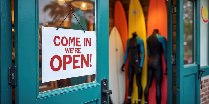 A bright storefront with an inviting open sign featuring colorful surfboards and wetsuits displayed behind the glass doors creating a vibrant and welcoming atmosphere - Powered by Adobe