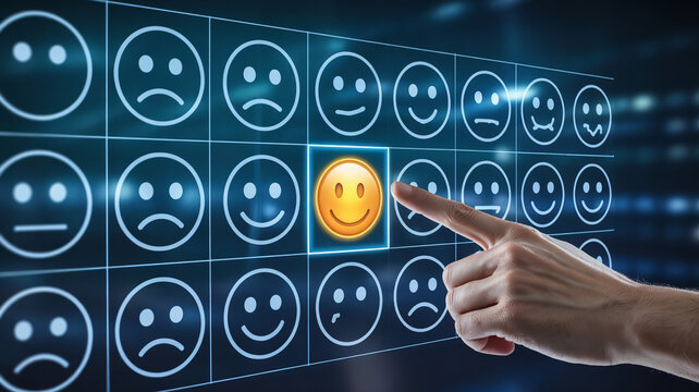A digital touchscreen interface features neutral, sad emoji faces with a highlighted happy face, highlighting user feedback and satisfaction ratings, with a futuristic, tech-inspired background and so