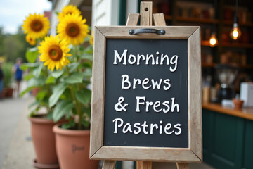 A sign displaying morning brews and fresh pastries stands in front of vibrant sunflowers, capturing a welcoming atmosphere of a caf&eacute;