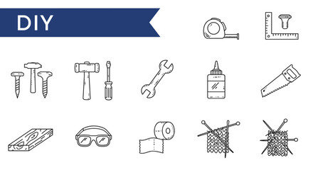 DIY project icons: tools, materials, and crafts.