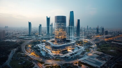 Fototapeta premium Aerial view of modern city skyline, highlighted building