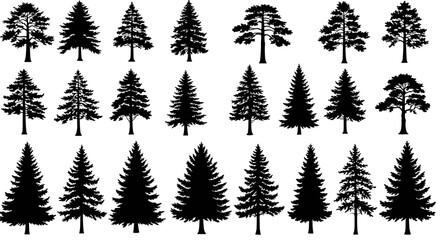 Collection of evergreen tree silhouettes.