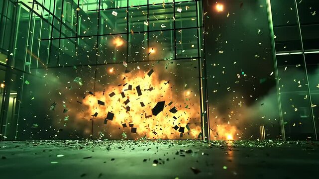 Dramatic explosion in a modern glass building with debris scattering and smoke billowing