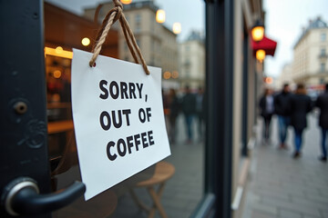 A sign hangs on a caf&eacute; door indicating a coffee shortage, with blurred passersby in the background creating a bustling urban atmosphere