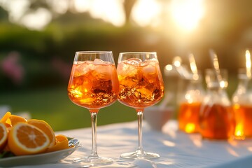 Two wine glasses filled with a drink sit on a table.