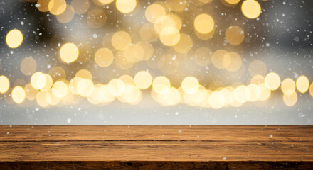 Festive Wooden Tabletop with Blurred Golden Lights and Falling Snow Winter Holiday Background
