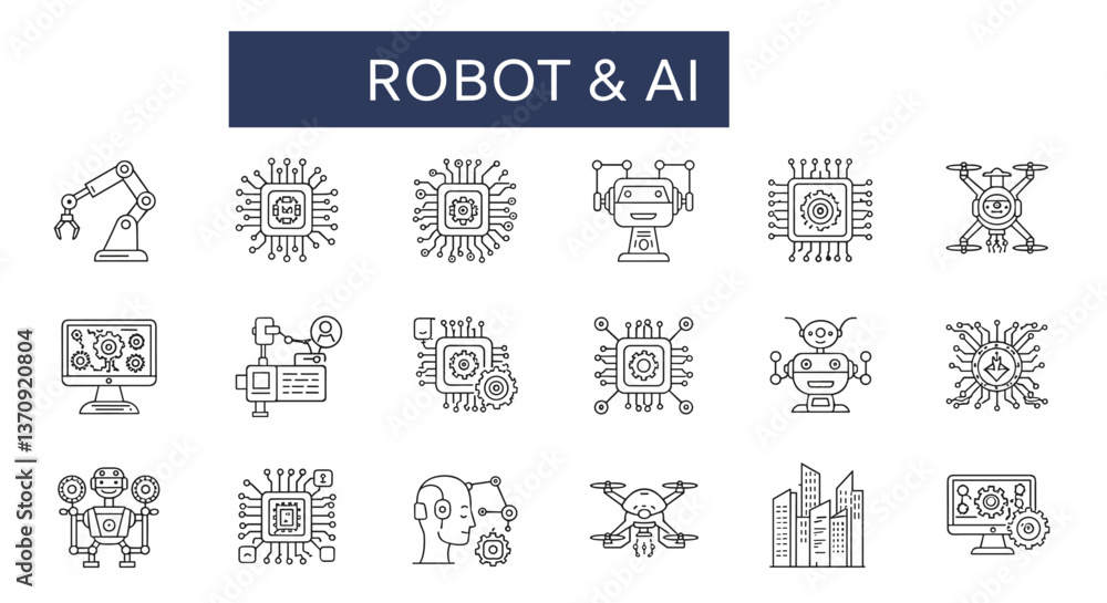 Poster line art icons illustrating robot and ai technology.