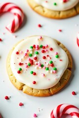 Sprinkled icing sugar cookie on white background with peppermint decorations, baking, holiday, icing