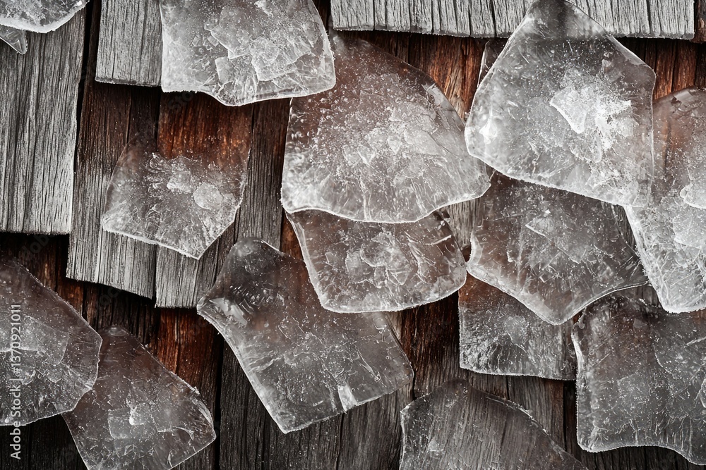 Poster ice fragments resting on rustic wooden surface with visible wood grain and texture, creating a contr