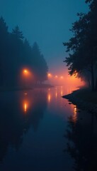 Twinkling lights on a foggy river at night with misty water, fog, serene, ambient